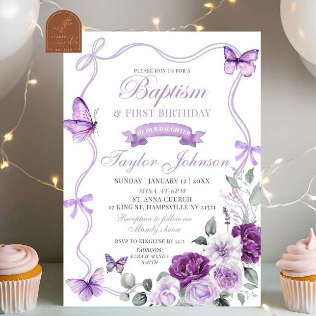 Purple Floral Butterfly Baptism & First Birthday Invitation (Creator Uploaded)