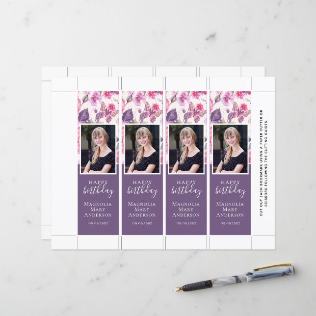 Purple Floral Butterfly Birthday Bookmark Template (Front/Back In Situ)
