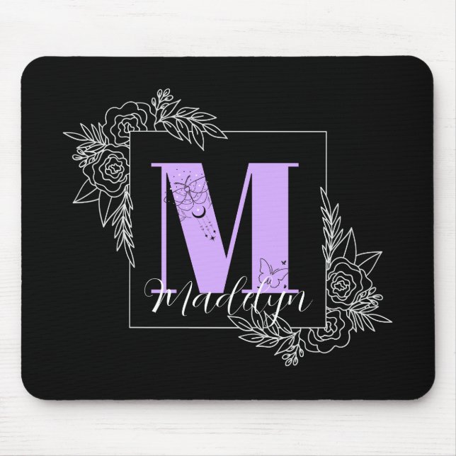 Purple Floral Butterfly Custom Monogram - Letter M Mouse Pad (Front)