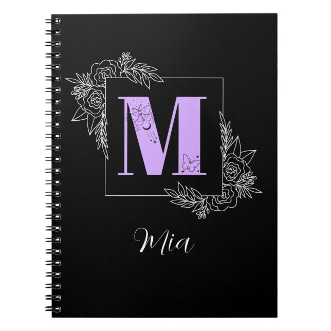 Purple Floral Butterfly Custom Monogram - Letter M Notebook (Front)