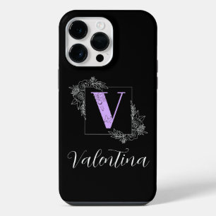 Purple Floral Butterfly Custom Monogram - Letter V iPhone 14 Pro Max Case