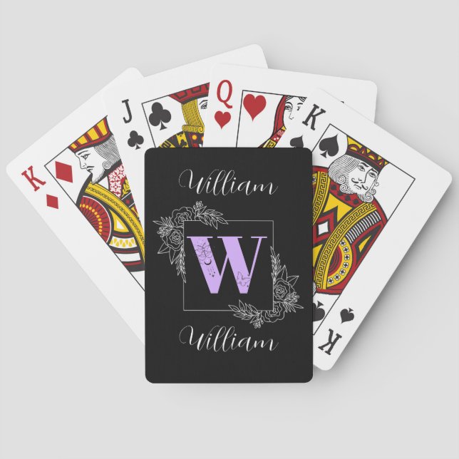 Purple Floral Butterfly Custom Monogram - Letter W Playing Cards (Back)