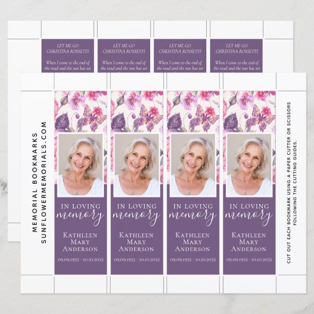 Purple Floral Butterfly Funeral Bookmark Template (Front/Back)