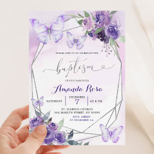 Purple Floral Butterfly Geometric Baptism Invitation