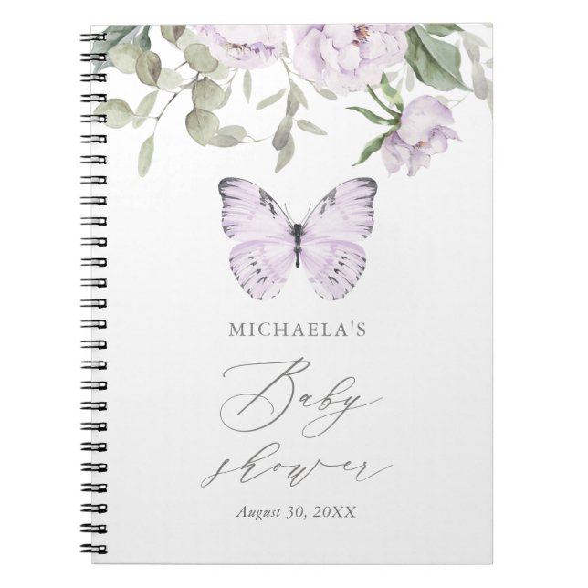 Purple Floral Butterfly Girl Baby Shower Guestbook Notebook (Front)