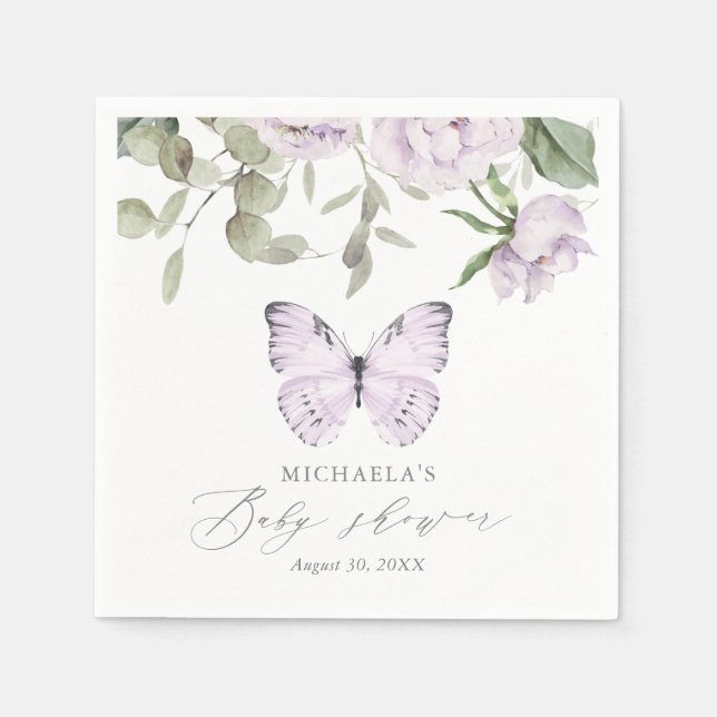 Purple Floral Butterfly Girl Baby Shower Napkin (Front)
