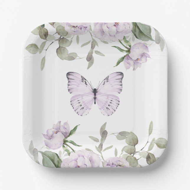 Purple Floral Butterfly Girl Baby Shower Paper Plate (Front)