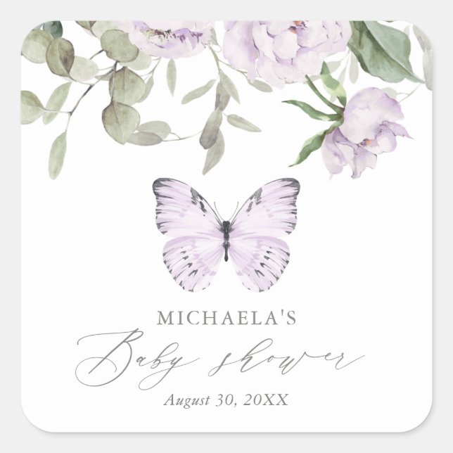 Purple Floral Butterfly Girl Baby Shower Square Sticker (Front)