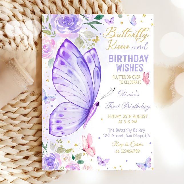 Purple Floral Butterfly Kisses and Birthday Wishes Invitation (Creator Uploaded)