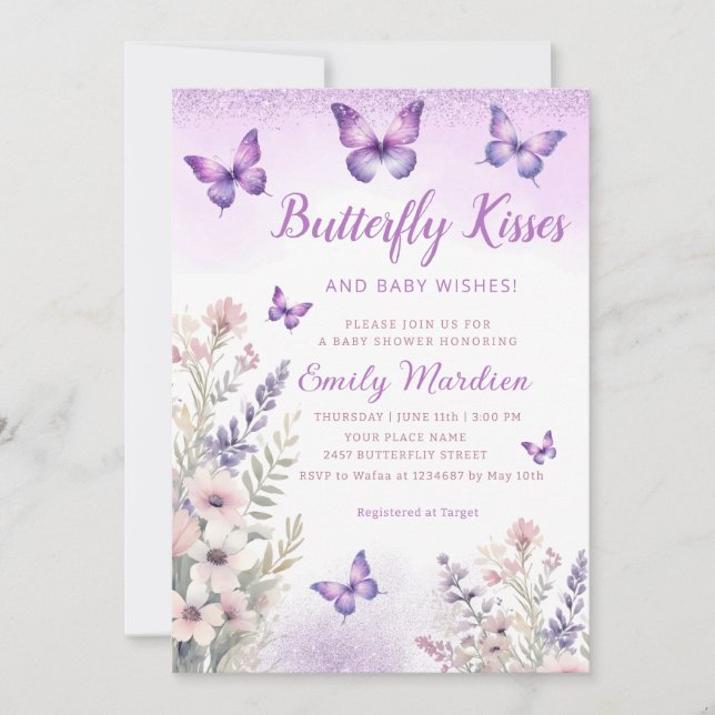 Purple Floral Butterfly Kisses Girl Baby Shower  Invitation (Front)