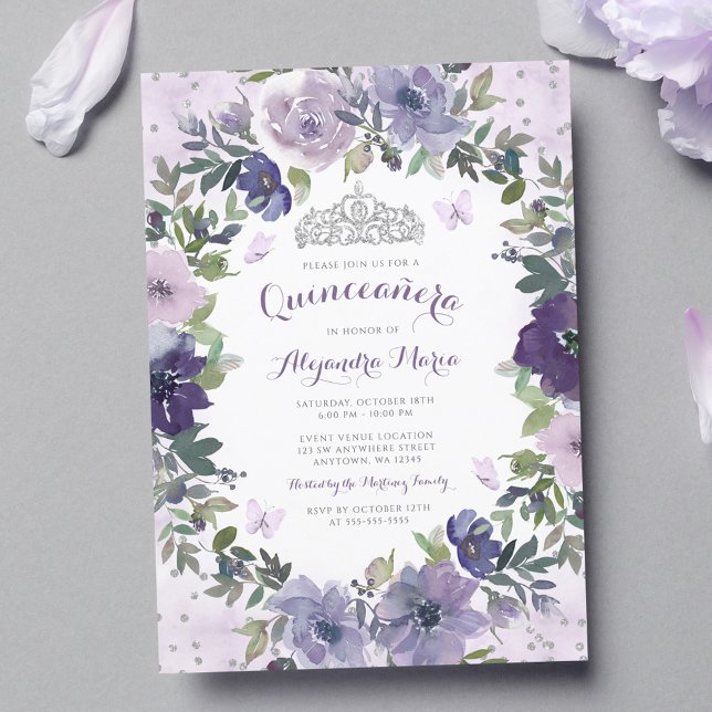 Purple Floral Butterfly Silver Tiara Quinceanera Invitation (Creator Uploaded)