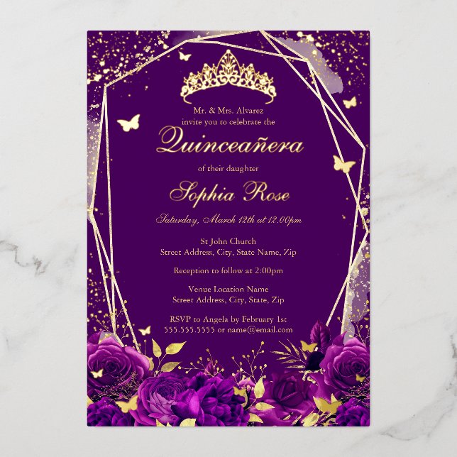 Purple Floral Butterfly Tiara Quinceanera (Front)