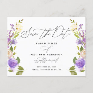Purple Floral Calligraphy Save The Date Announcement Postcard