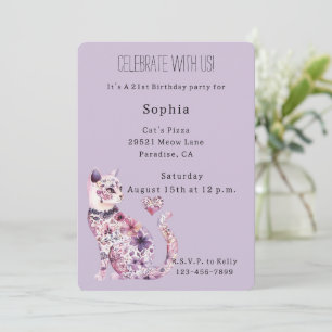 Purple Floral Cat Birthday   Invitation