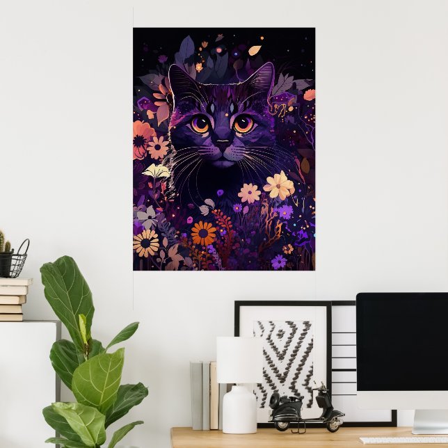 Purple Floral Cat Birthday Poster (Home Office)