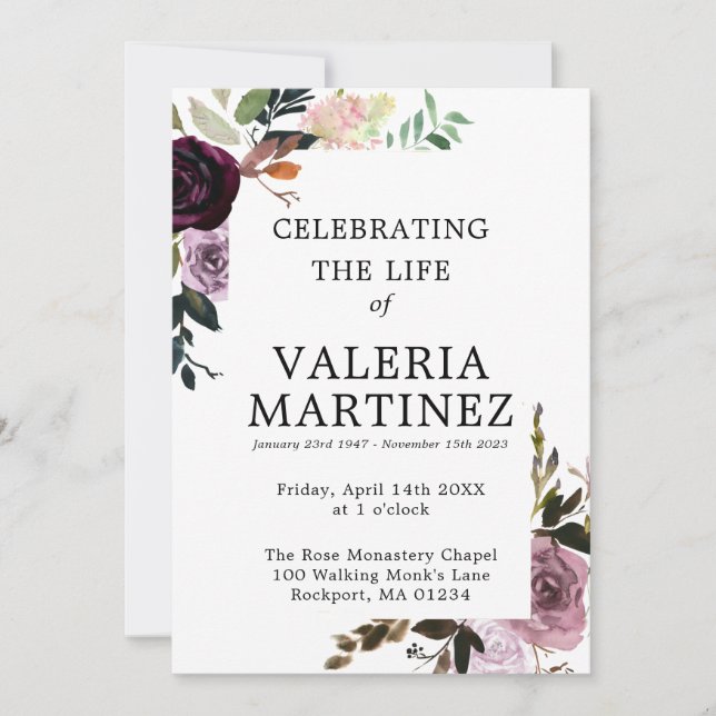 Purple Floral Celebration of Life Funeral Program Invitation (Front)