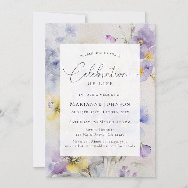Purple Floral Celebration of Life Memorial Invitation (Front)