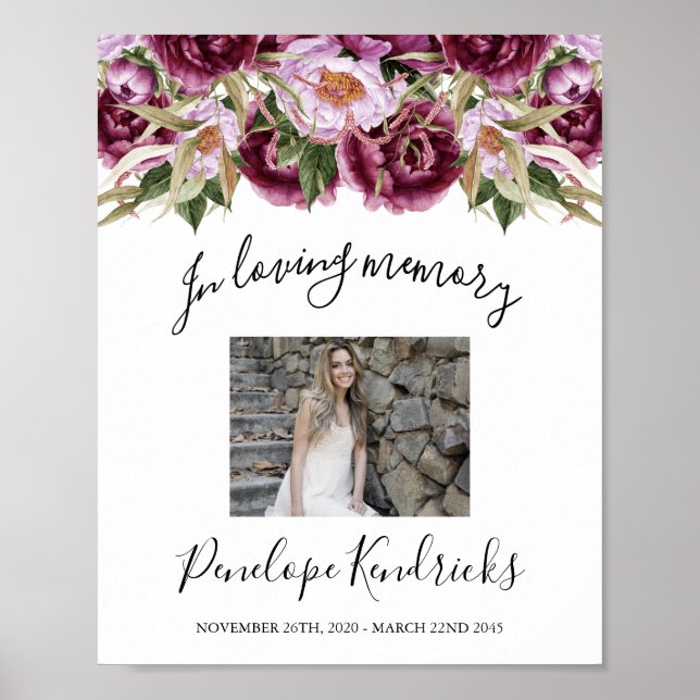 Purple Floral Celebration Of Life Sign, Photo Sign (Front)
