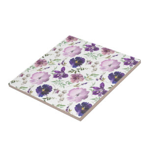 Purple Floral Ceramic Tile Bathroom Decor