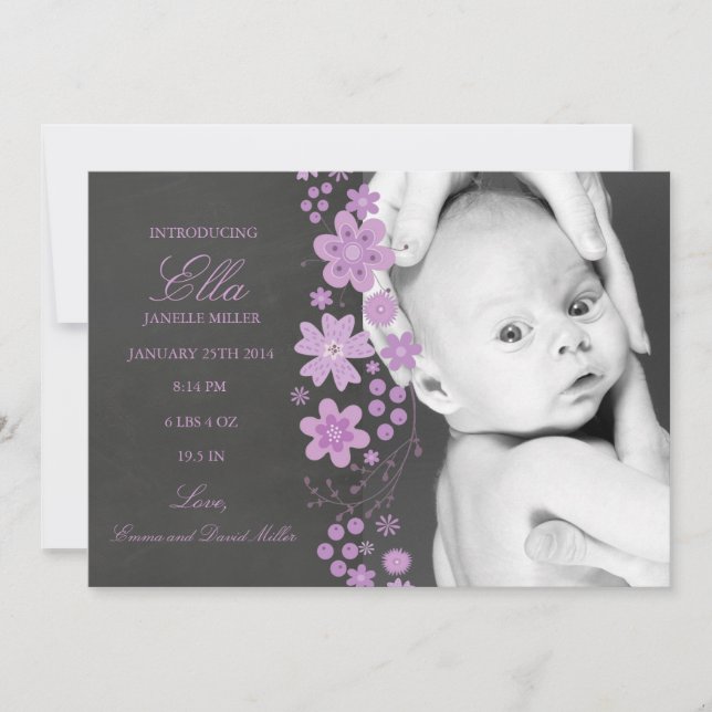 Purple Floral chalkboard Birth Announcement (Front)