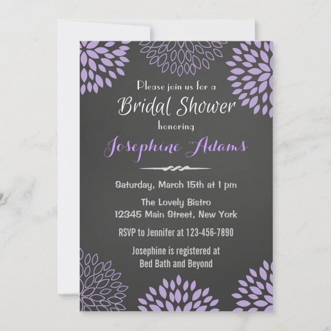 Purple Floral Chalkboard Bridal Shower Invitation (Front)
