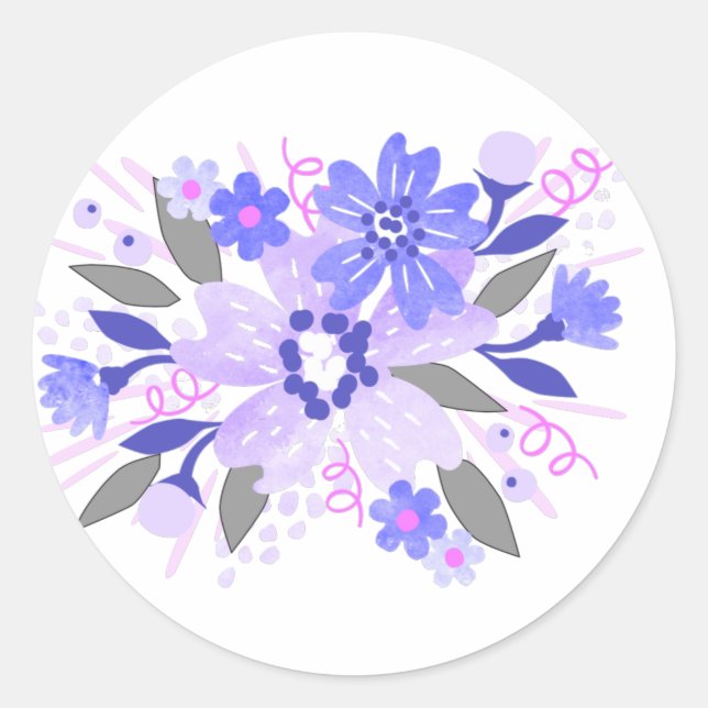 Purple Floral Classic Round Sticker (Front)
