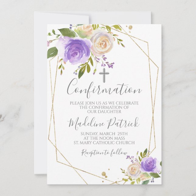 Purple Floral Confirmation  Invitation (Front)