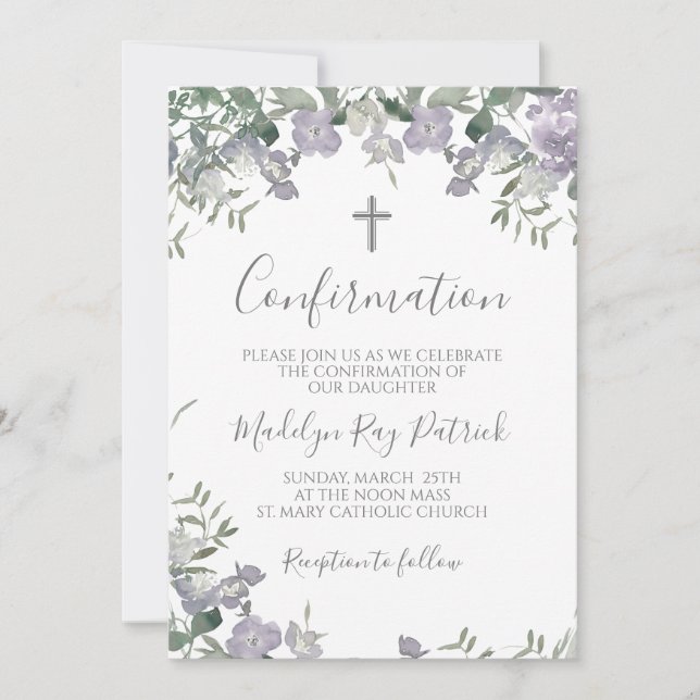 Purple Floral Confirmation  Invitation (Front)