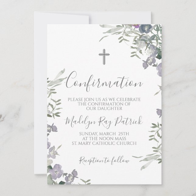 Purple Floral Confirmation  Invitation (Front)