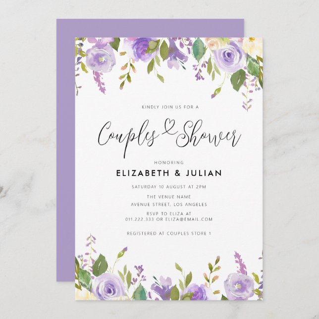 purple floral couples shower invitation (Front/Back)