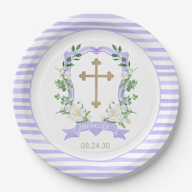 Purple Floral Crest Baptism Paper Plate (Front)
