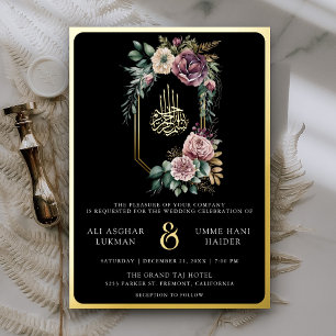 Purple Floral Crest Black Muslim Wedding Gold