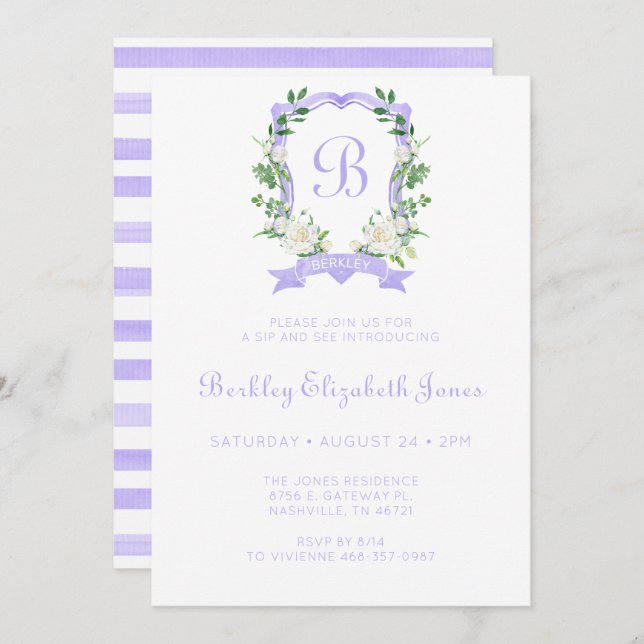 Purple Floral Crest Girl Sip And See Invitation (Front/Back)
