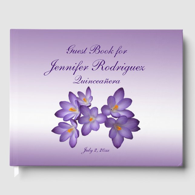 Purple Floral Crocus Flower Quinceañera Guest Book (Front)