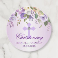 Purple Floral Cross Christening Baptism Thank You