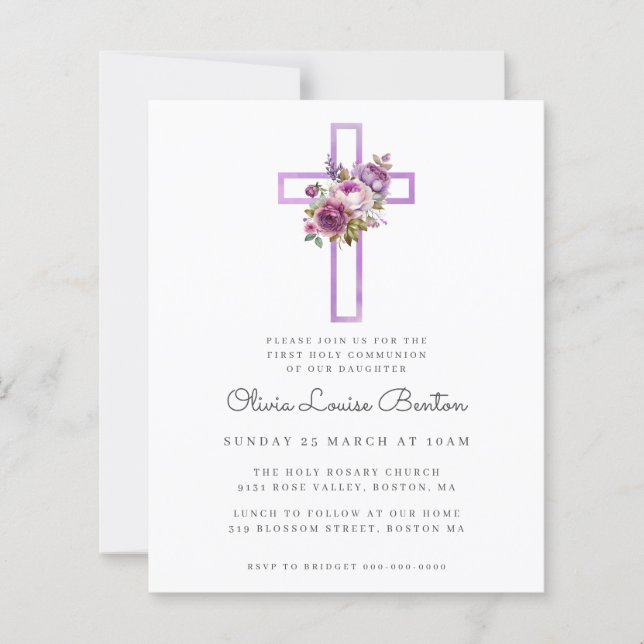 Purple Floral Cross First Communion Invitation (Front)