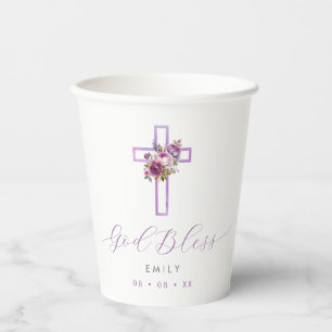 Purple Floral Cross God Bless Baptism Paper Cups