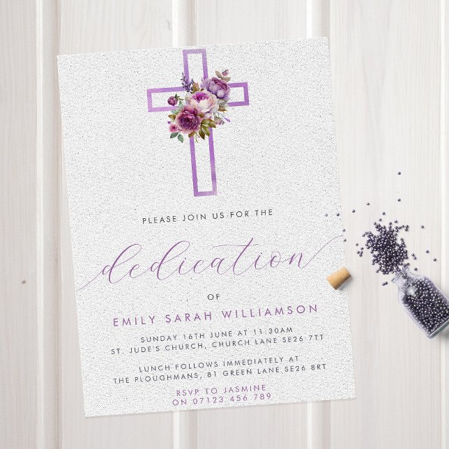 Purple Floral Cross Modern Script Baby Dedication Invitation (Creator Uploaded)