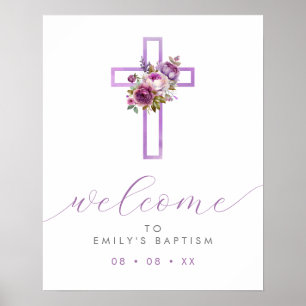 Purple Floral Cross Modern Script Welcome Poster