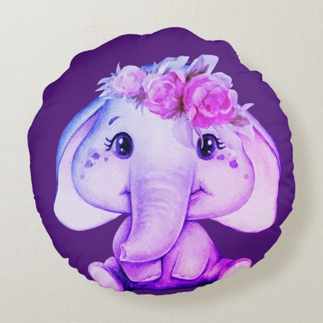 Purple Floral Crown Elephant Round Pillow (Back)
