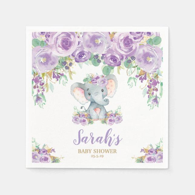 Purple Floral Cute Elephant Baby Shower Baby Girl Napkin (Front)