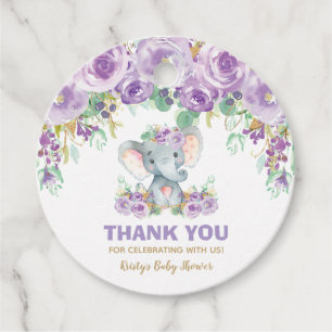Purple Floral Cute Elephant Baby Shower Thank You Favour Tags
