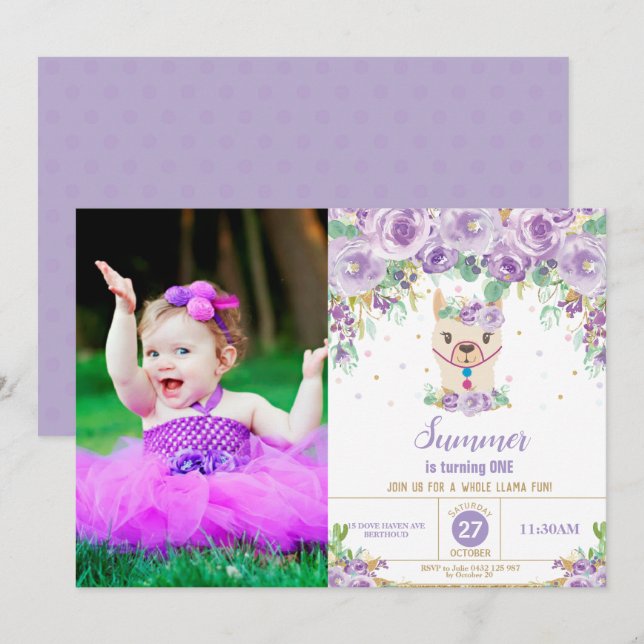 Purple Floral Cute Llama Birthday Girl Photo Invitation (Front/Back)