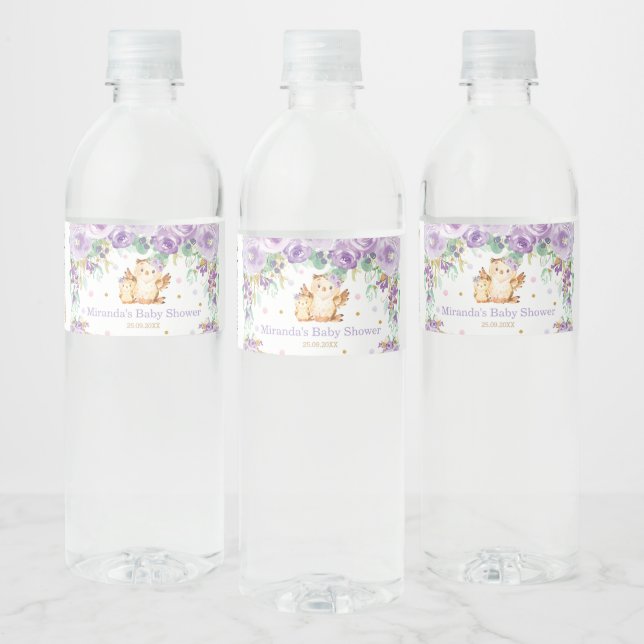 Purple Floral Cute Owl Baby Shower Baby Girl Water Bottle Label (Bottles)