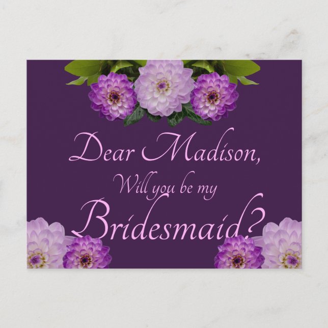 Purple Floral Dahlia Will You Be My Bridesmaid? Invitation Postcard (Front)