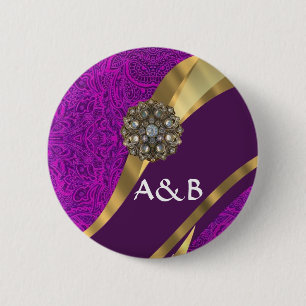 Purple floral damask  gold swirl 6 cm round badge