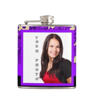 Purple floral damask photo template hip flask