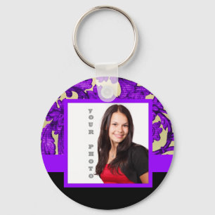 Purple floral damask photo template key ring