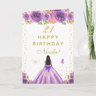Purple Floral Dark Skin Girl Birthday Card