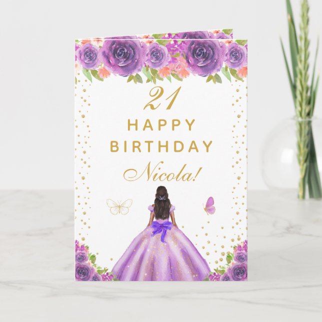 Purple Floral Dark Skin Girl Birthday Card (Front)